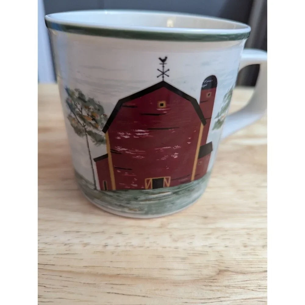 Tienshan Stoneware Praire mug Red Barn dual side‎ image green rim trim country